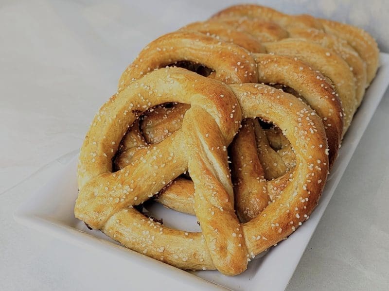 a row of soft pretzels